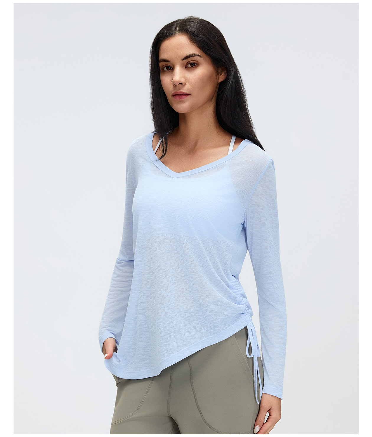 Nueva bata de yoga de manga larga que cubre los glúteos para mujer, plegable, con cordón ajustable, estilo casual y holgado, ideal para otoño y fitness (FGBD26100).