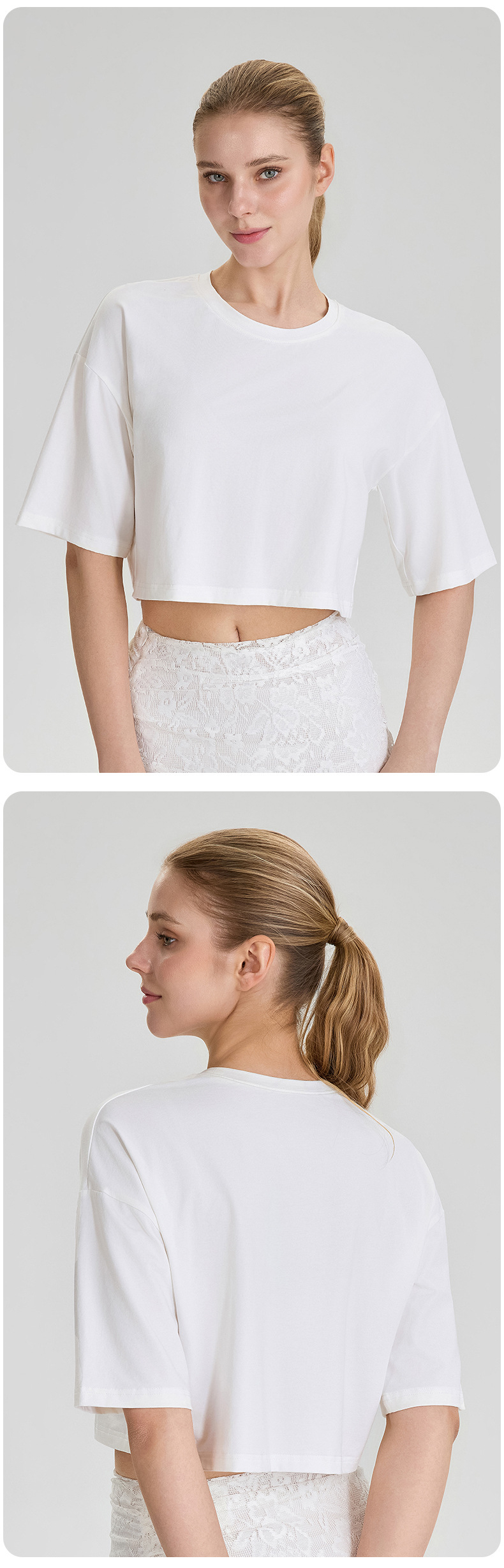 Top corto de manga corta con cuello redondo para mujer, estilo oversize, de alta calidad, corte holgado, FGB52248