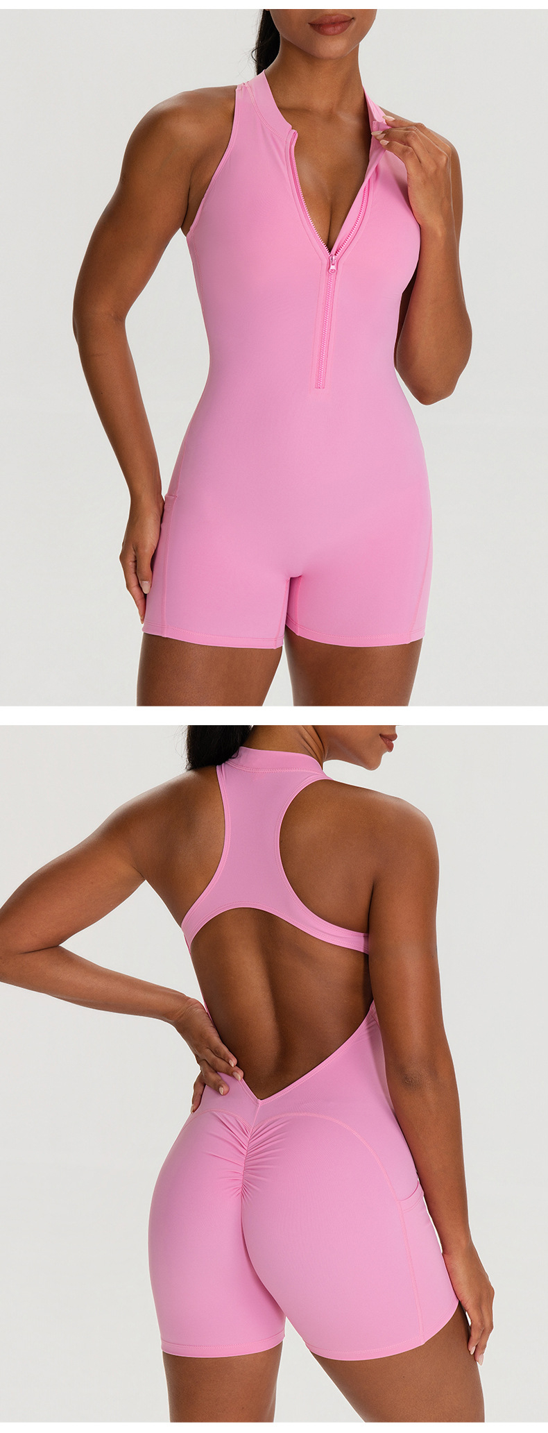 Nuevo mono de yoga de una pieza con shorts, ideal para primavera. Body de ejercicio de alta intensidad con cremallera para gimnasio y fitness FGB62106