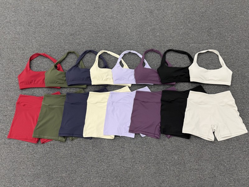 Sujetador deportivo con cuello halter elástico, shorts de fitness con cintura cruzada, ropa de yoga, conjunto liso transpirable FGB5423 9721