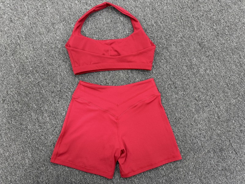 Sujetador deportivo con cuello halter elástico, shorts de fitness con cintura cruzada, ropa de yoga, conjunto liso transpirable FGB5423 9721