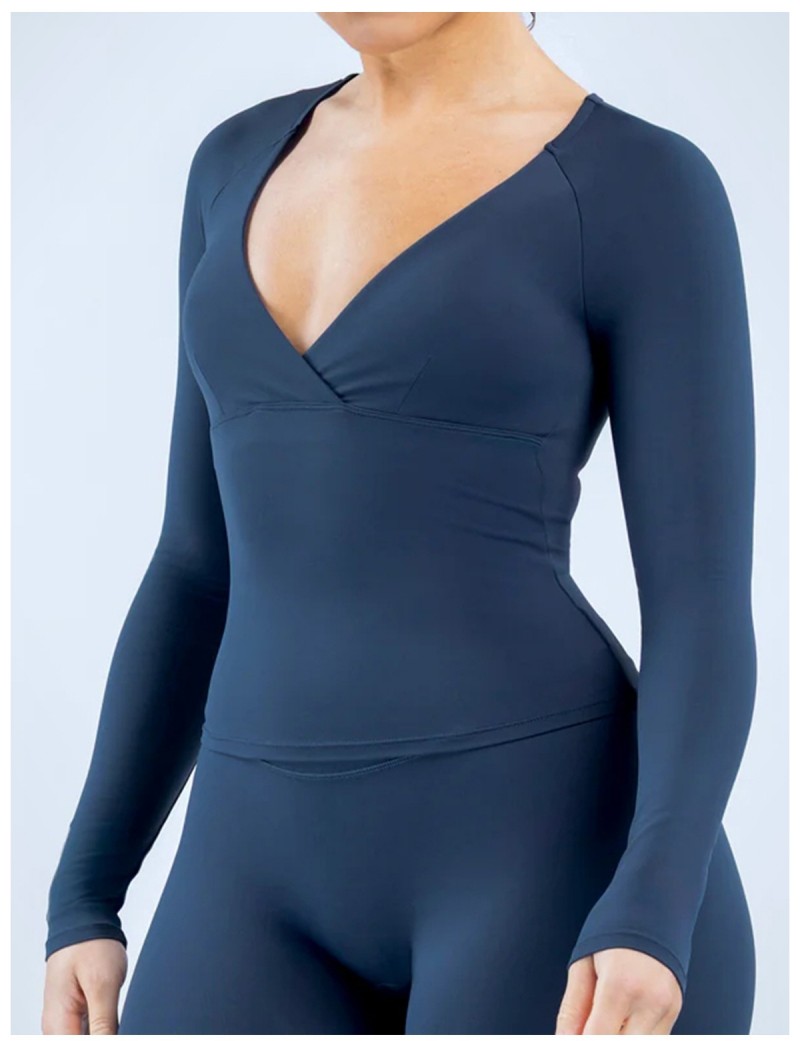Camiseta deportiva informal de manga larga con escote en V profundo para mujer, ideal para entrenamientos y pilates (FGBRXW3013)