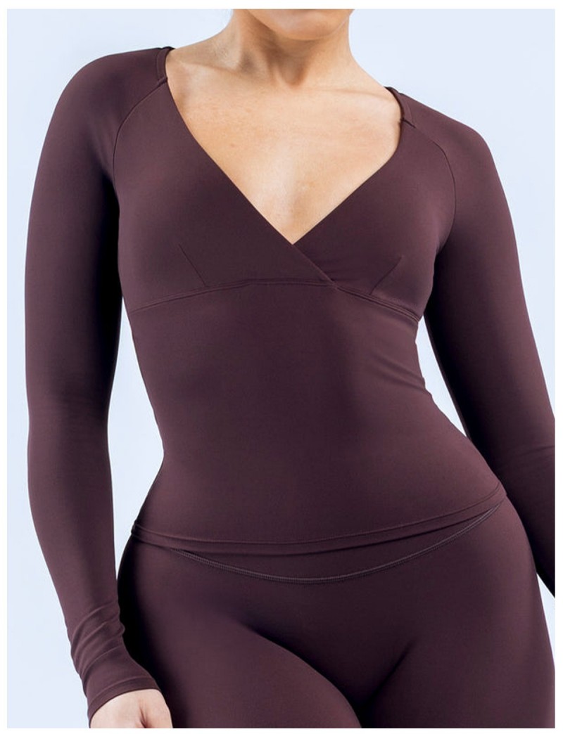 Camiseta deportiva informal de manga larga con escote en V profundo para mujer, ideal para entrenamientos y pilates (FGBRXW3013)