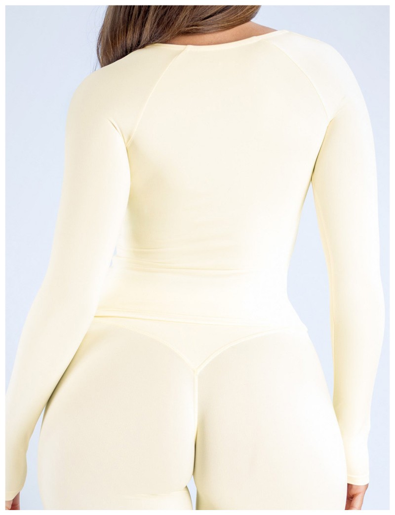 Camiseta deportiva informal de manga larga con escote en V profundo para mujer, ideal para entrenamientos y pilates (FGBRXW3013)