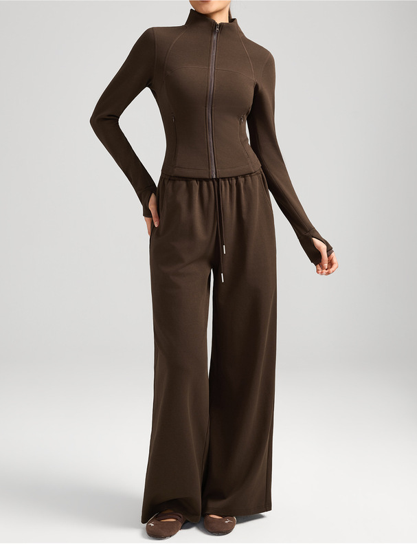Conjunto de yoga de 2 piezas para mujer: pantalón largo transpirable de color liso con cremallera y bolsillos (modelo FGBYEL62623 62343)