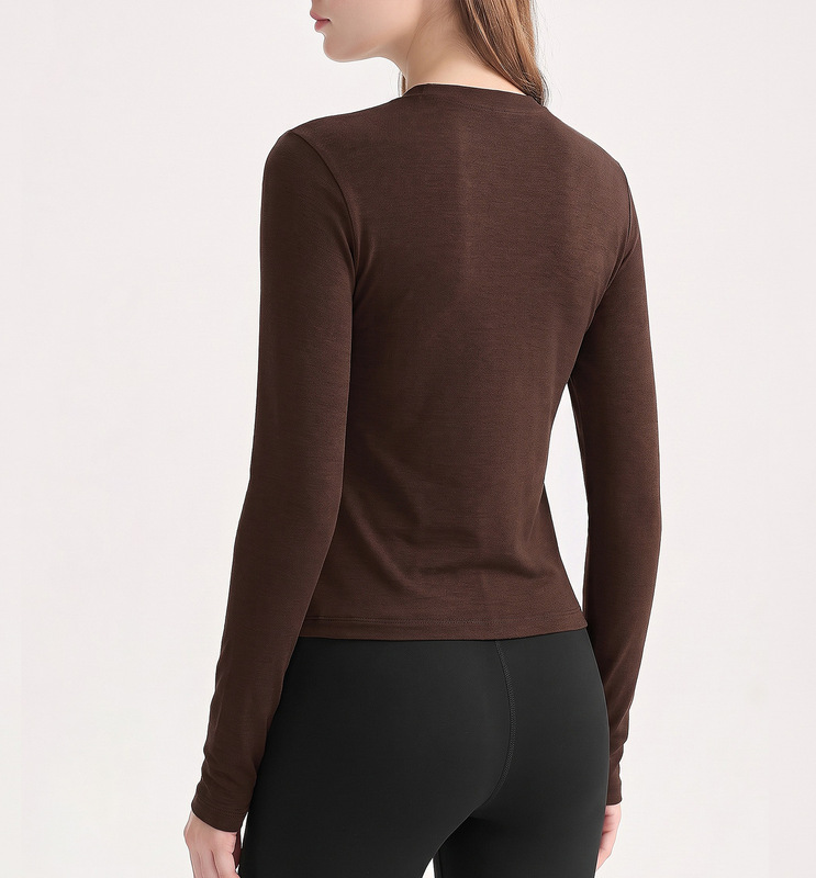 Top de manga larga con acabado cepillado, cuello redondo y corte entallado para gimnasio y running (FGBCX62031)