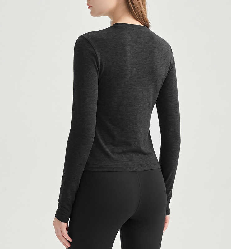 Top de manga larga con acabado cepillado, cuello redondo y corte entallado para gimnasio y running (FGBCX62031)