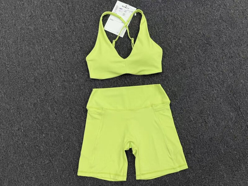 Conjunto de 2 piezas para mujer: shorts de cintura alta y top deportivo de entrenamiento con espalda descubierta y tiras cruzadas – Ropa deportiva para gimnasio FGBQS4837 8416