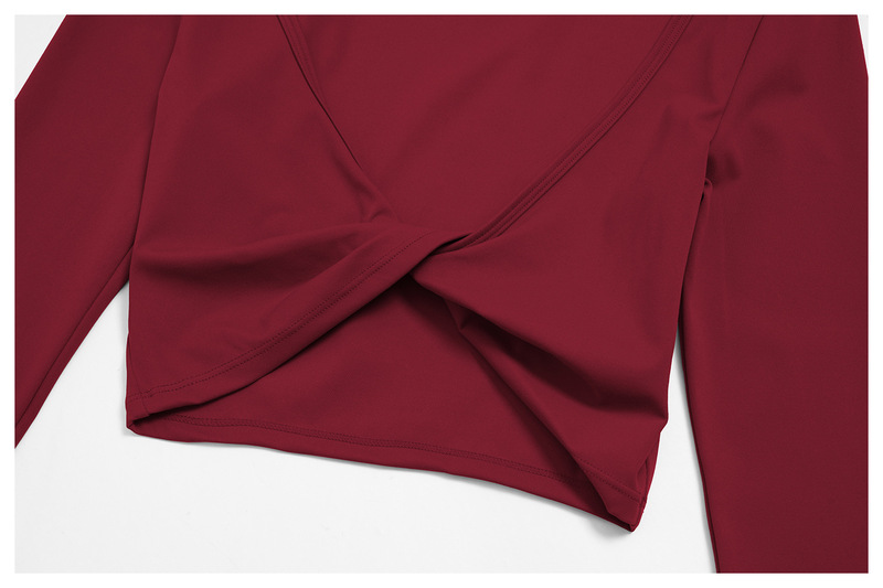 Top de yoga para mujer, de manga larga, ajustado, de nailon y elastano, diseño sencillo y liso con detalle plisado FGBFCX5529