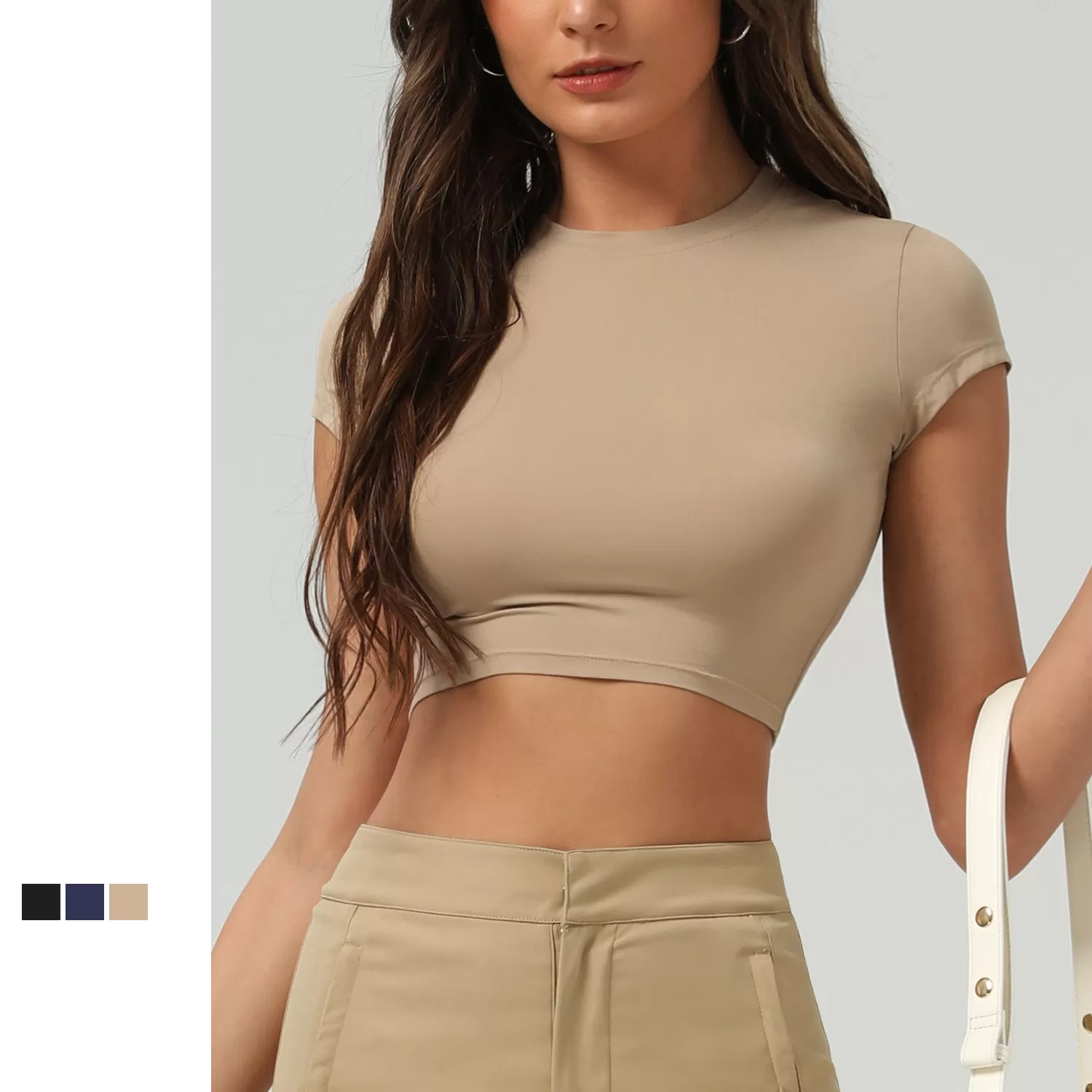 Camiseta deportiva de manga corta para mujer, ajustada y lisa, FGBSM2517