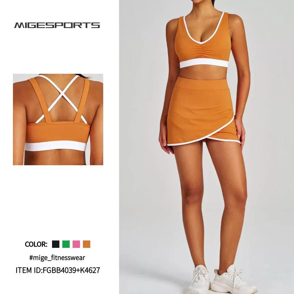 Conjunto de sujetador deportivo de yoga y falda de tenis 2 en 1 para mujer FGBB4039+K4627