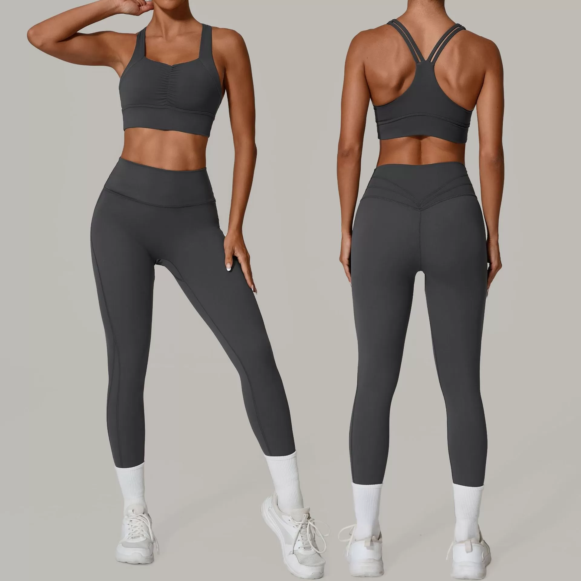 Conjunto deportivo de compresión de dos piezas para mujer, color liso, FGB6229+87054
