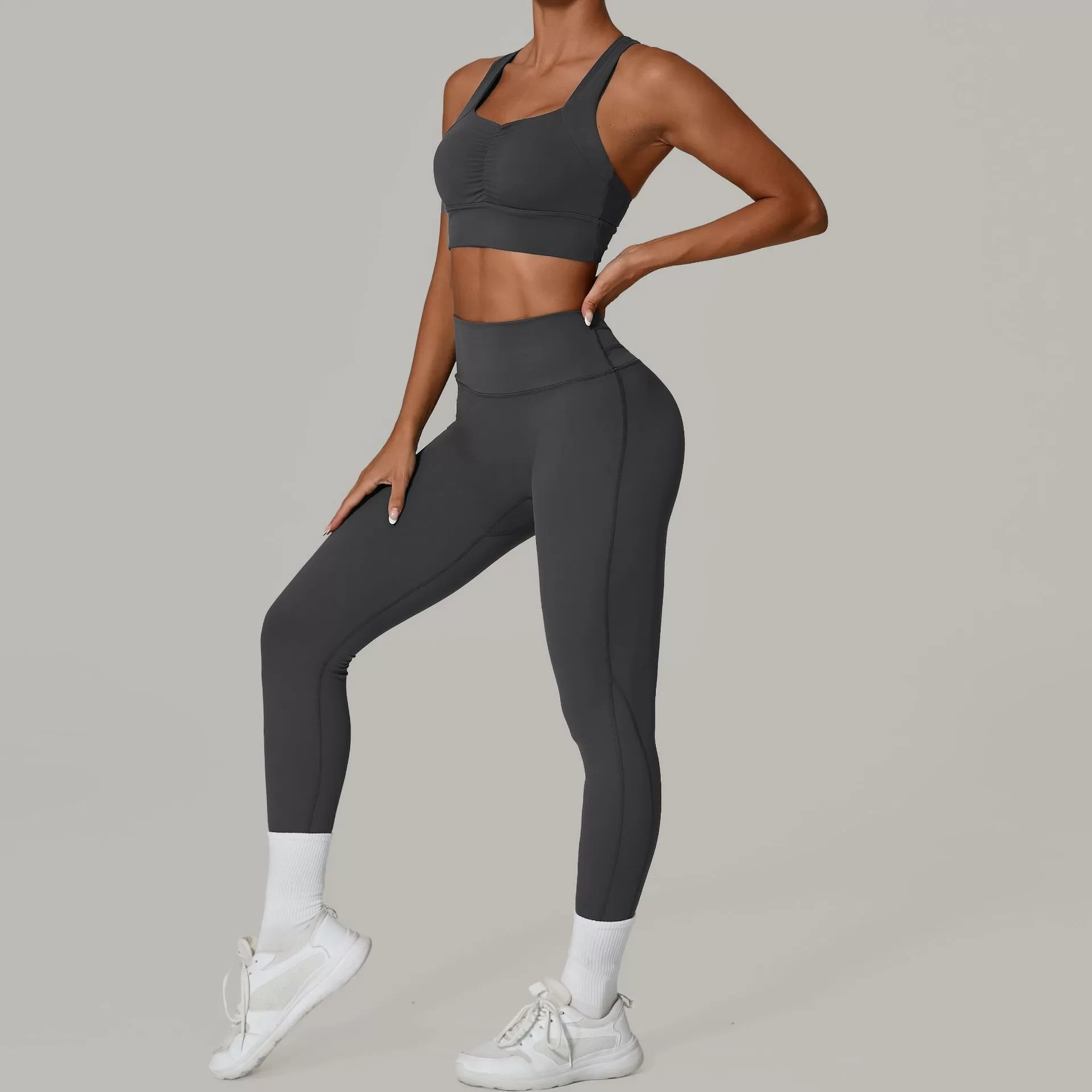 Conjunto deportivo de compresión de dos piezas para mujer, color liso, FGB6229+87054