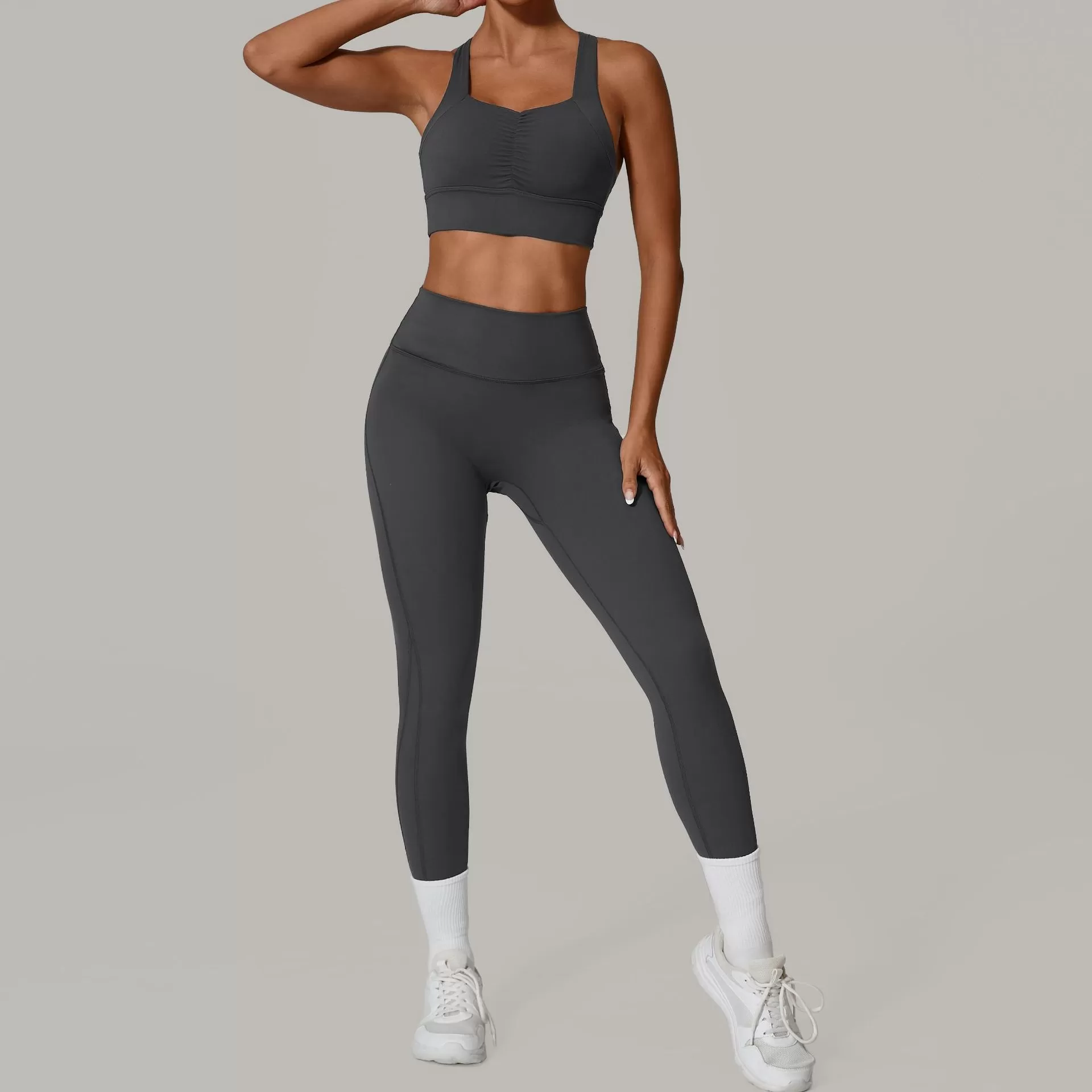 Conjunto deportivo de compresión de dos piezas para mujer, color liso, FGB6229+87054