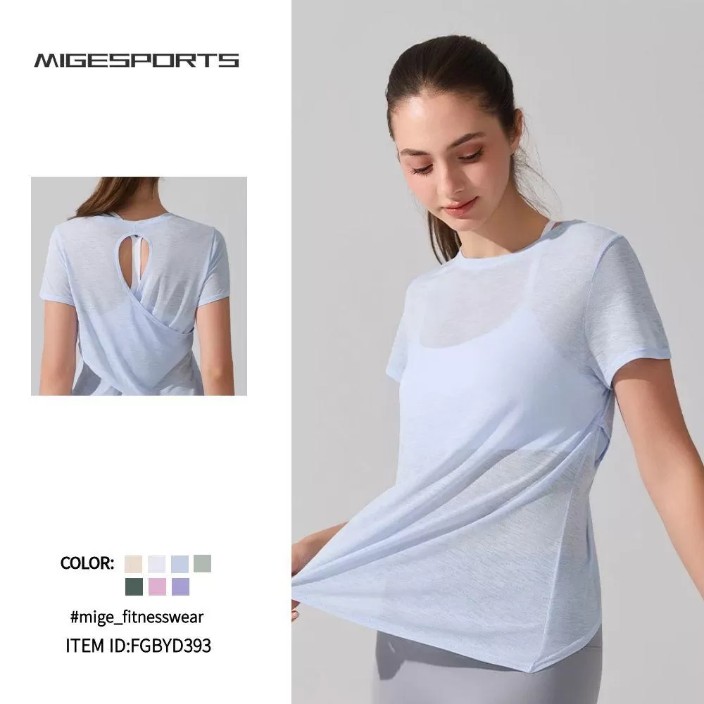 Camiseta deportiva de yoga de manga corta transpirable de hilo flameado para mujer FGBYD393