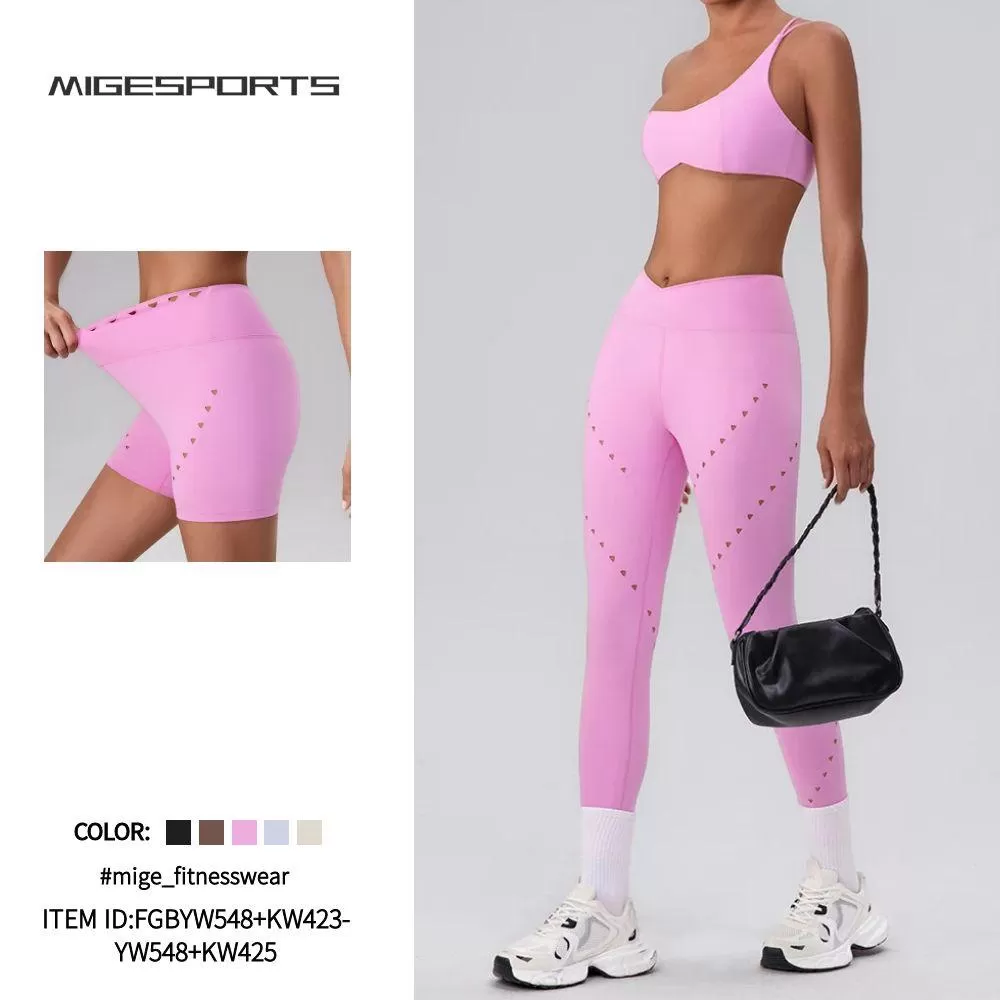 Conjunto de entrenamiento para mujer con sujetador deportivo, pantalones cortos y leggings de yoga FGBYW548+KW423-YW548+KW425