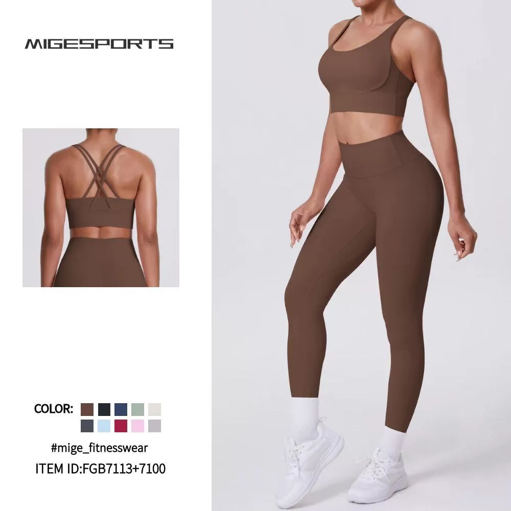 Conjunto de 2 piezas de yoga con sujetador cruzado y leggings para gimnasio FGB7113+7100