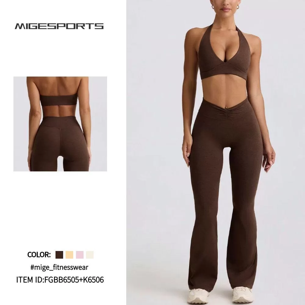 Conjunto deportivo de 2 piezas para mujer, con cuello halter, para gimnasio y fitness, FGBB6505+K6506