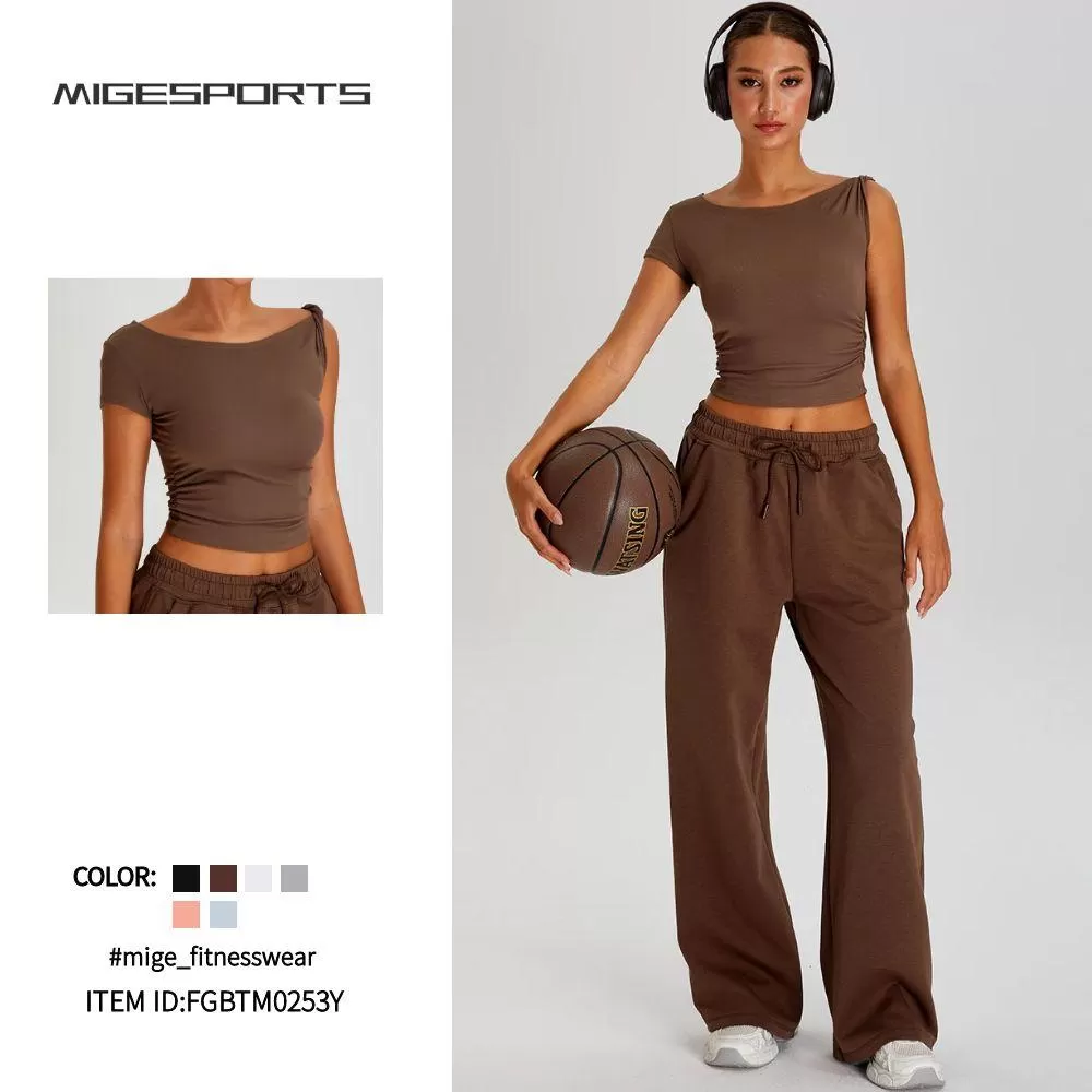 Conjunto de 2 piezas de color liso para mujer, camiseta de manga corta y pantalones de yoga FGBTM0253Y