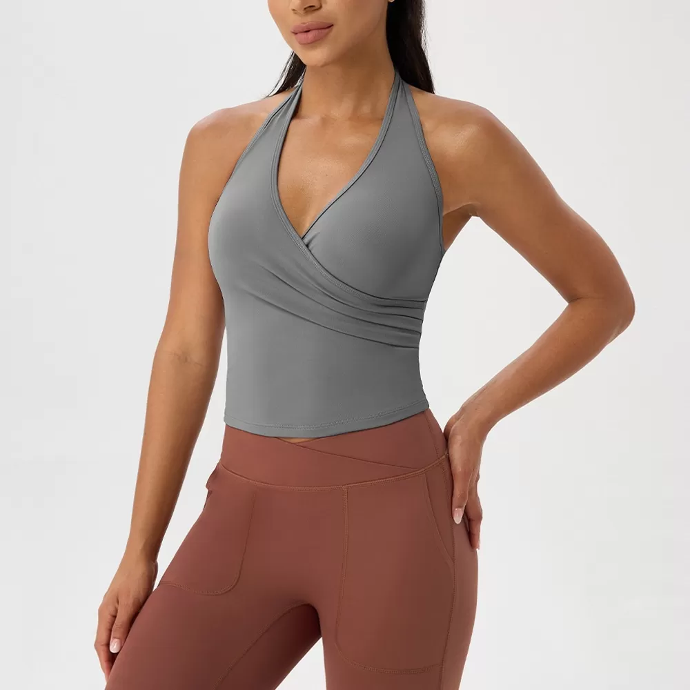 Sujetador deportivo transpirable con cuello en V y color liso para correr FGB52178
