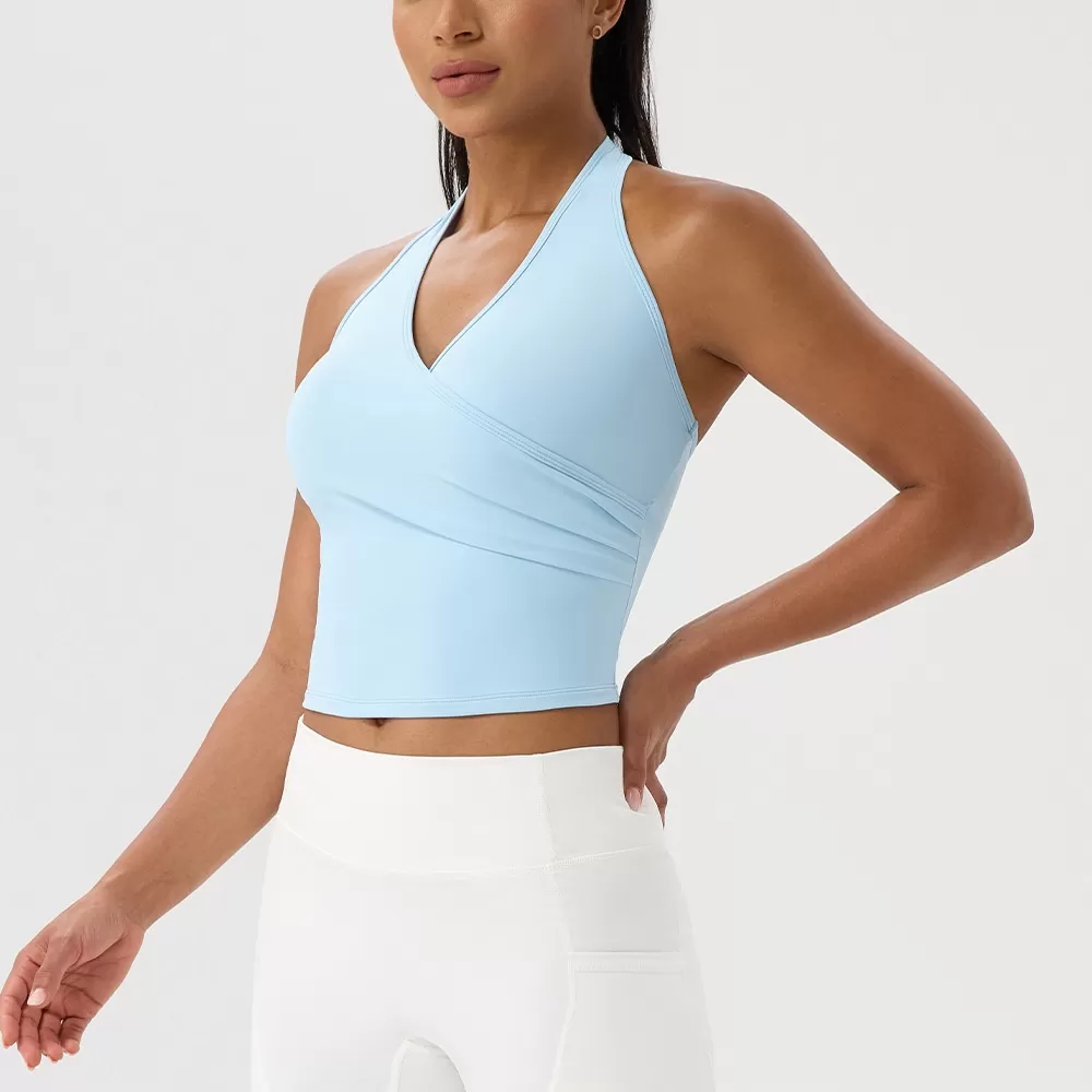 Sujetador deportivo transpirable con cuello en V y color liso para correr FGB52178