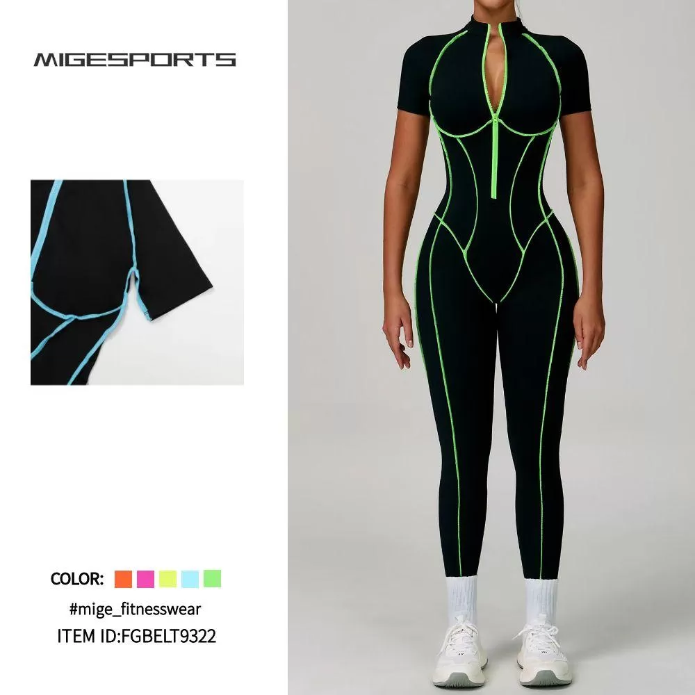 Mono de yoga de manga corta para mujer, con efecto piel desnuda, para gimnasio, fitness, con cremallera, FGBELT9322