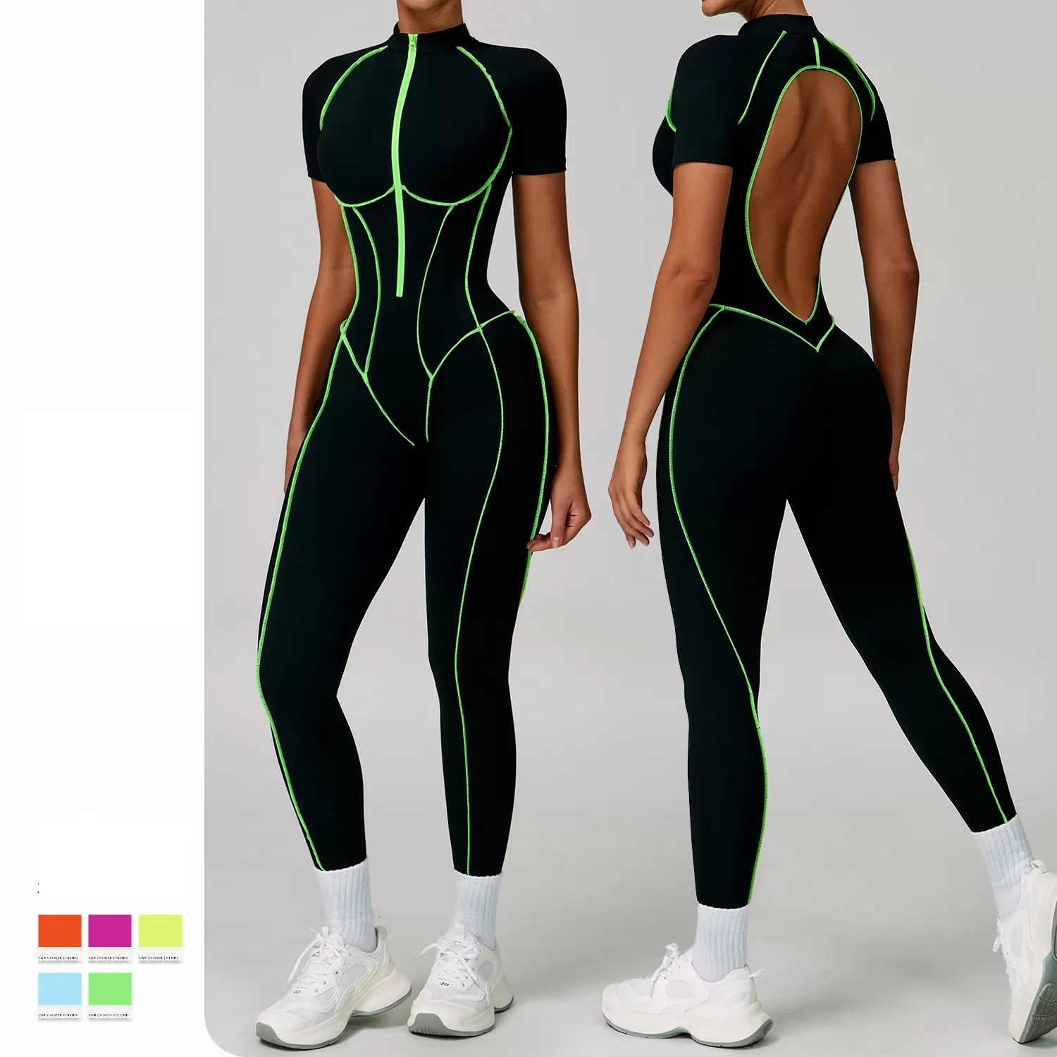Mono de yoga de manga corta para mujer, con efecto piel desnuda, para gimnasio, fitness, con cremallera, FGBELT9322