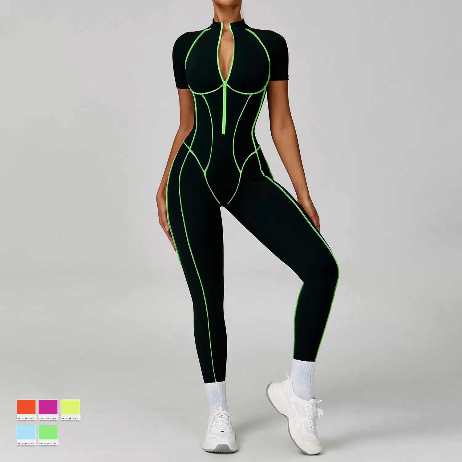 Mono de yoga de manga corta para mujer, con efecto piel desnuda, para gimnasio, fitness, con cremallera, FGBELT9322