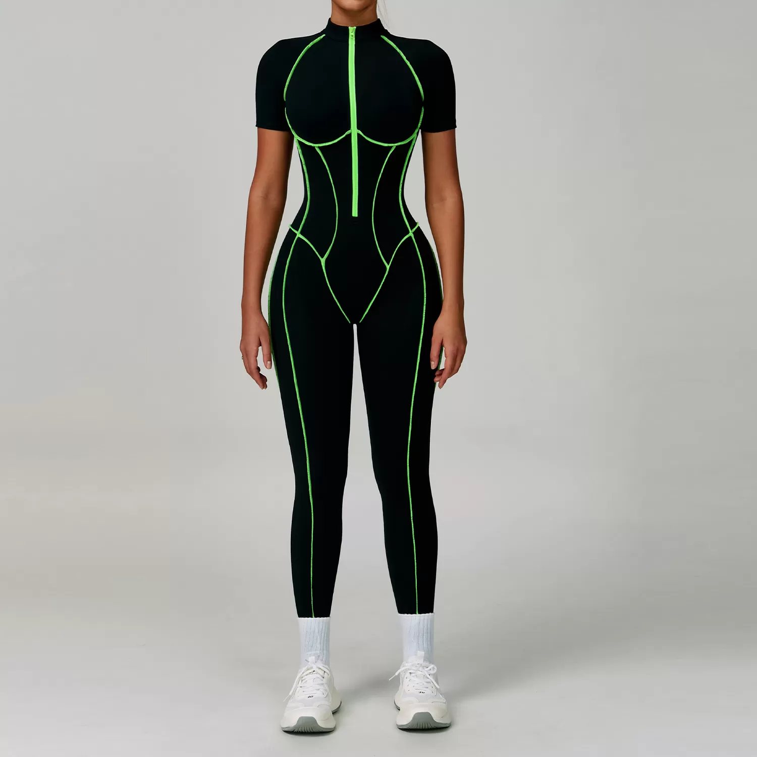 Mono de yoga de manga corta para mujer, con efecto piel desnuda, para gimnasio, fitness, con cremallera, FGBELT9322