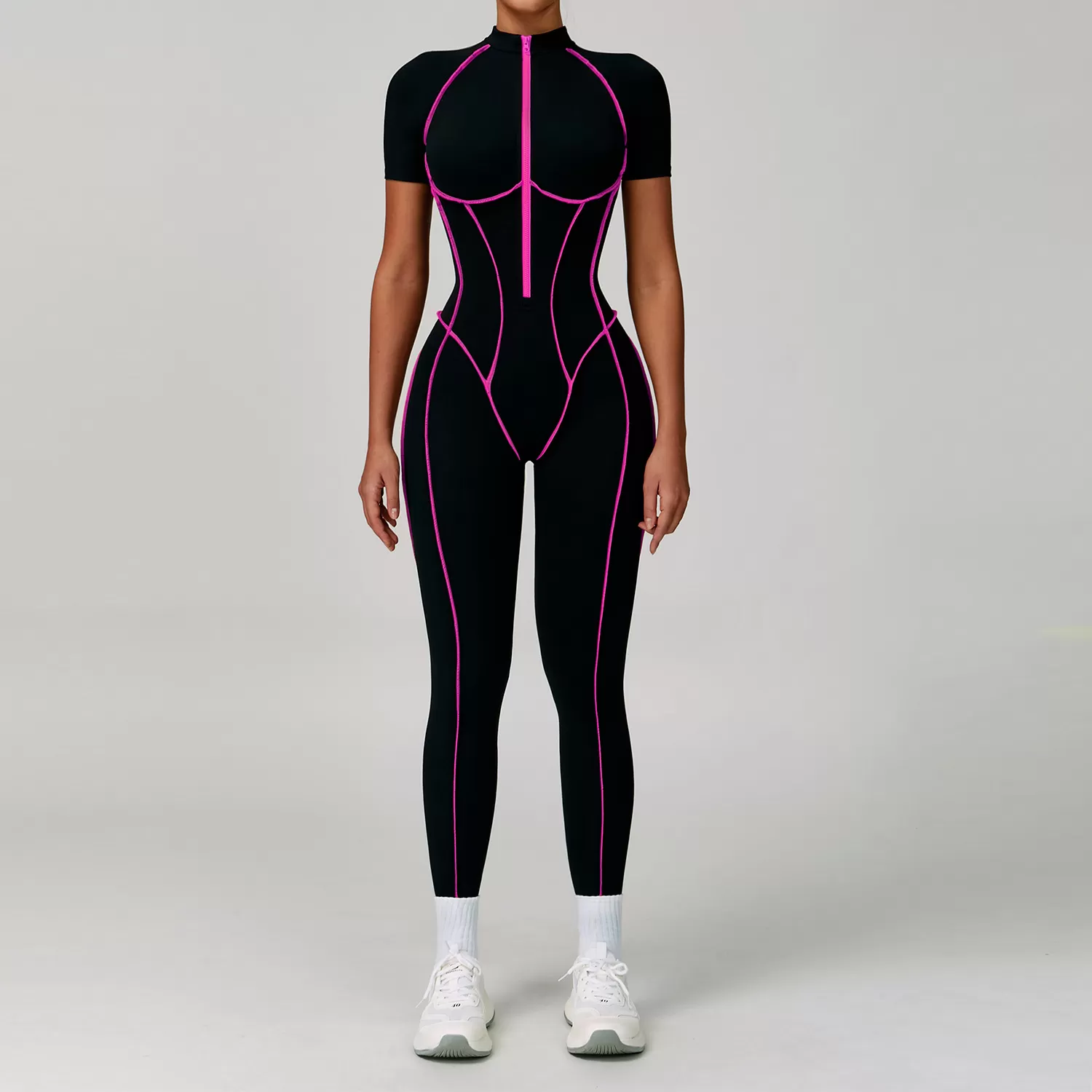 Mono de yoga de manga corta para mujer, con efecto piel desnuda, para gimnasio, fitness, con cremallera, FGBELT9322