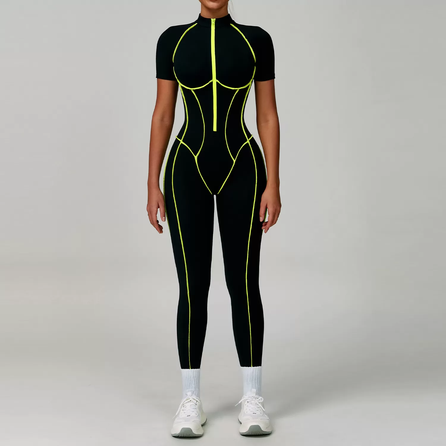 Mono de yoga de manga corta para mujer, con efecto piel desnuda, para gimnasio, fitness, con cremallera, FGBELT9322