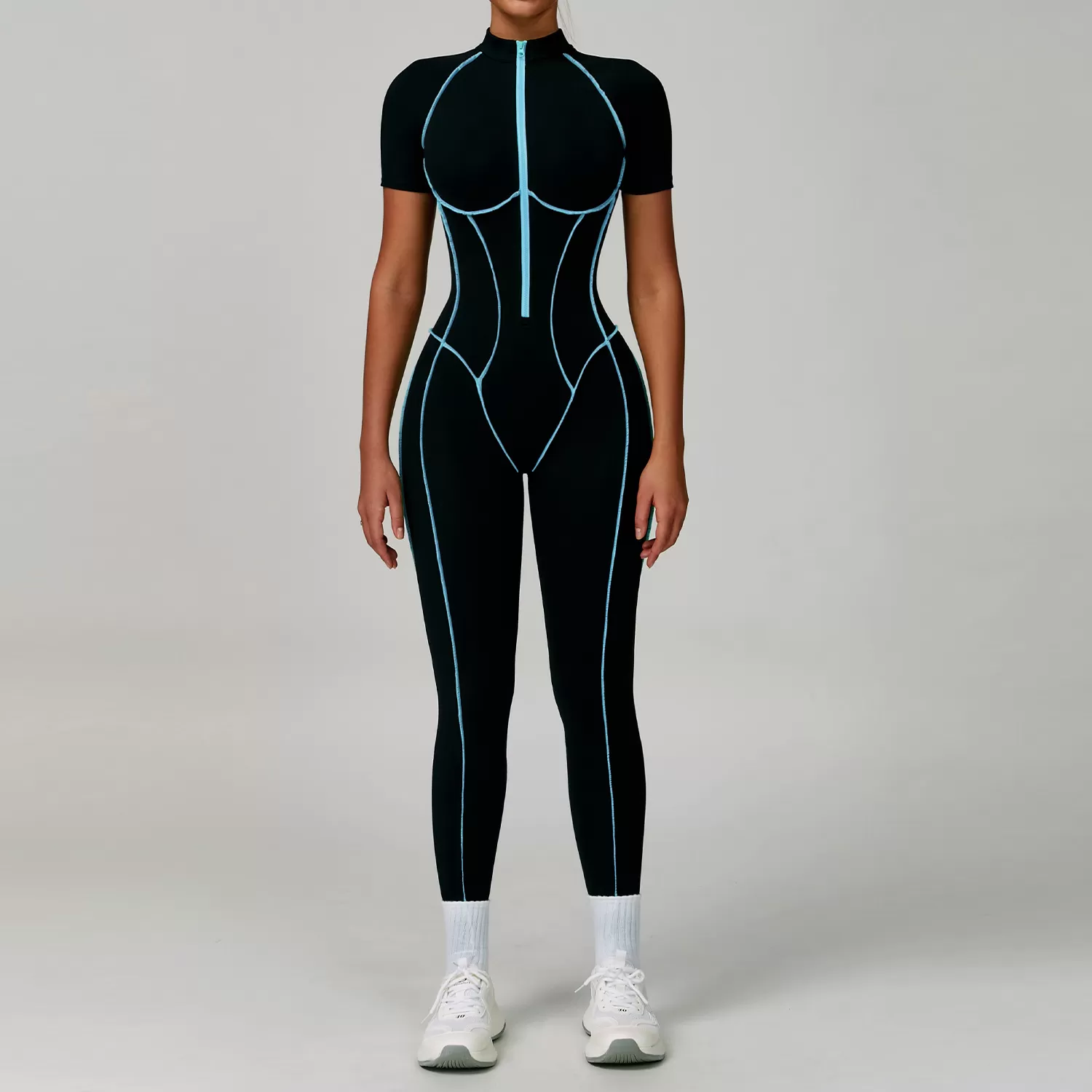 Mono de yoga de manga corta para mujer, con efecto piel desnuda, para gimnasio, fitness, con cremallera, FGBELT9322