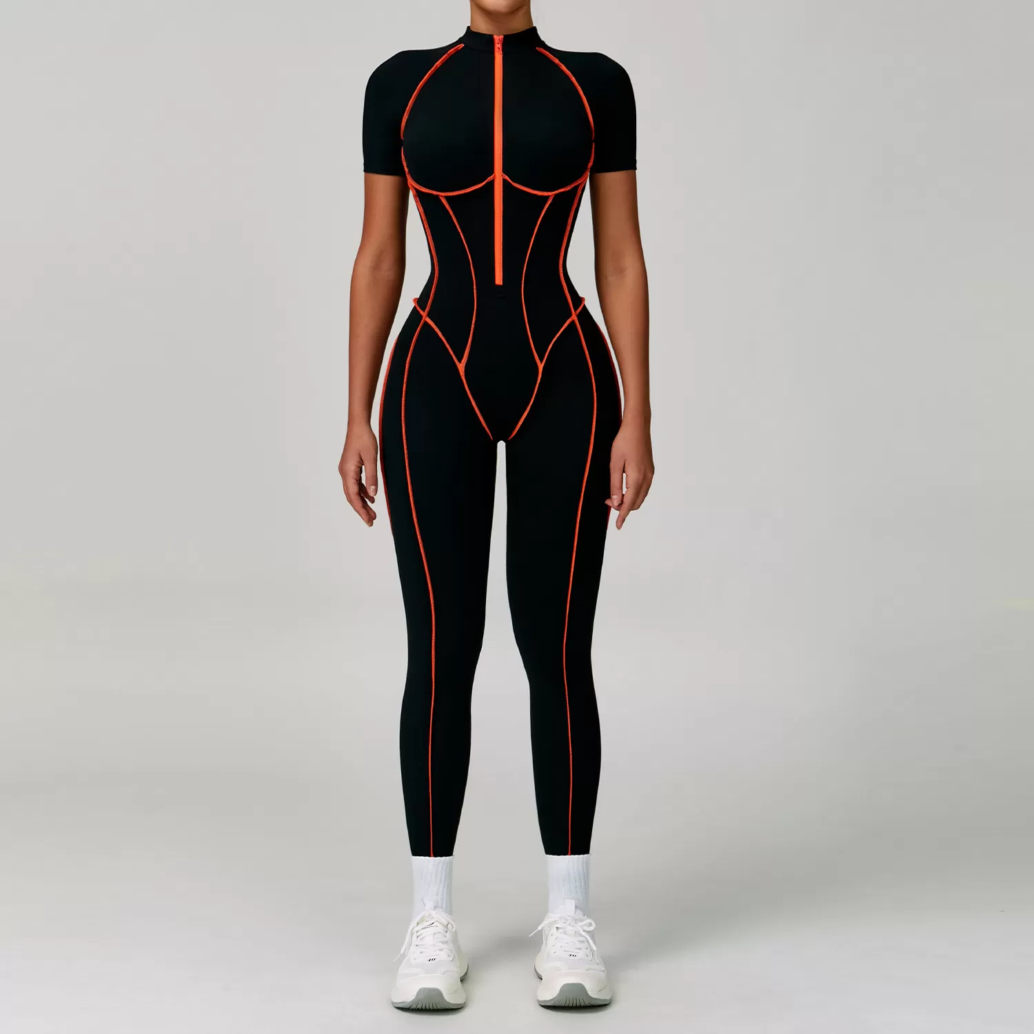 Mono de yoga de manga corta para mujer, con efecto piel desnuda, para gimnasio, fitness, con cremallera, FGBELT9322