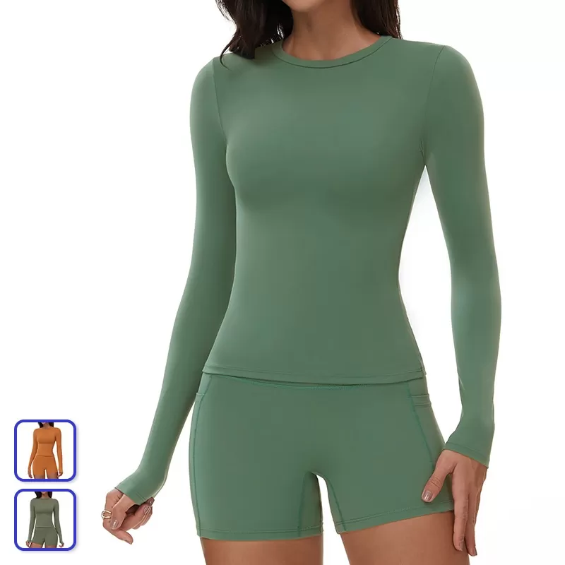 Camisetas de cuello redondo para entrenamiento de gimnasio, camisetas de yoga de manga larga para mujer FGBECX3103