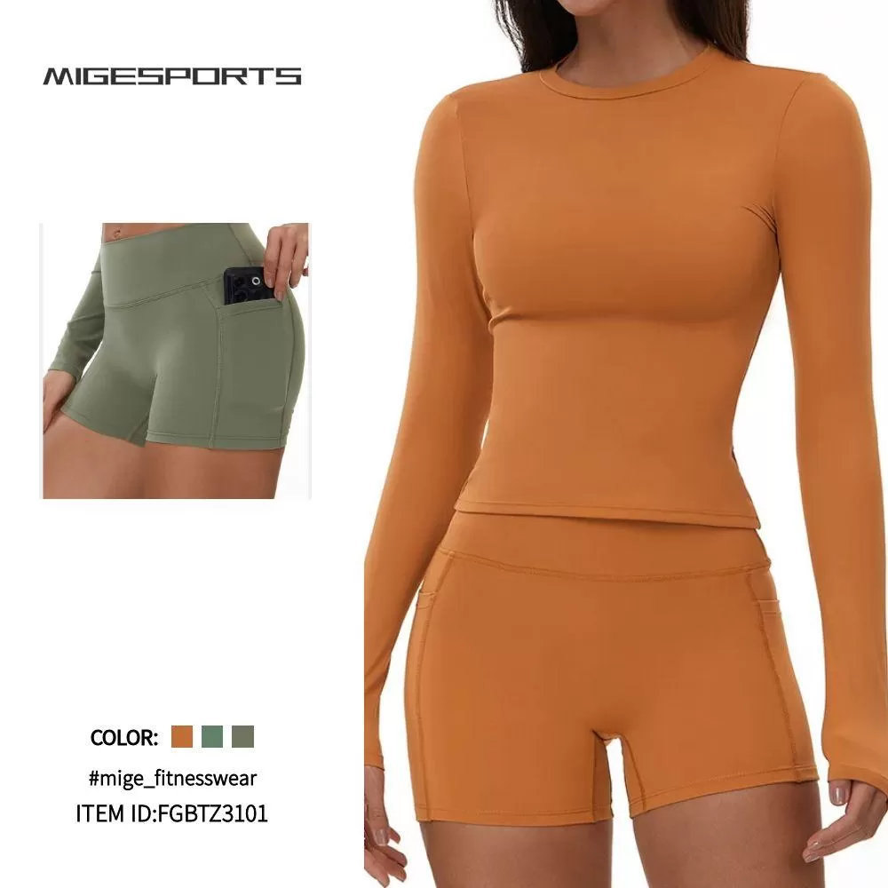 Conjunto de 2 piezas de yoga para mujer, de manga larga y pantalones cortos deportivos, FGBTZ3103
