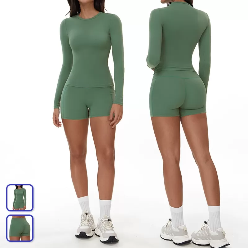 Conjunto de 2 piezas de yoga para mujer, de manga larga y pantalones cortos deportivos, FGBTZ3103