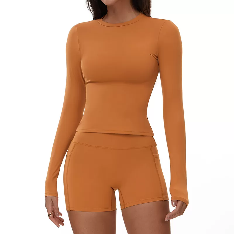 Conjunto de 2 piezas de yoga para mujer, de manga larga y pantalones cortos deportivos, FGBTZ3103
