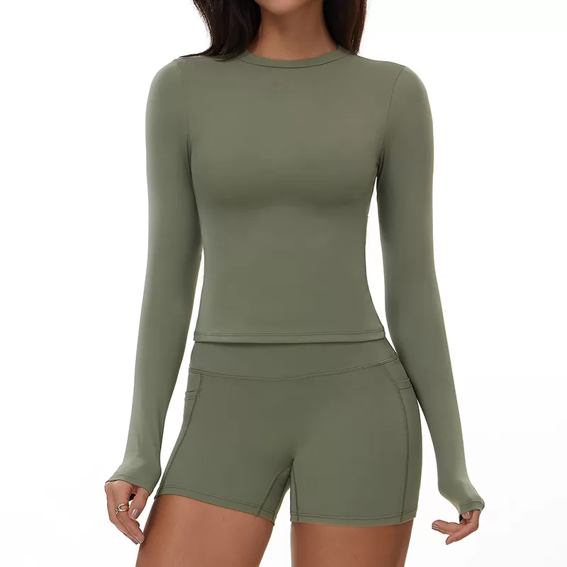 Conjunto de 2 piezas de yoga para mujer, de manga larga y pantalones cortos deportivos, FGBTZ3103