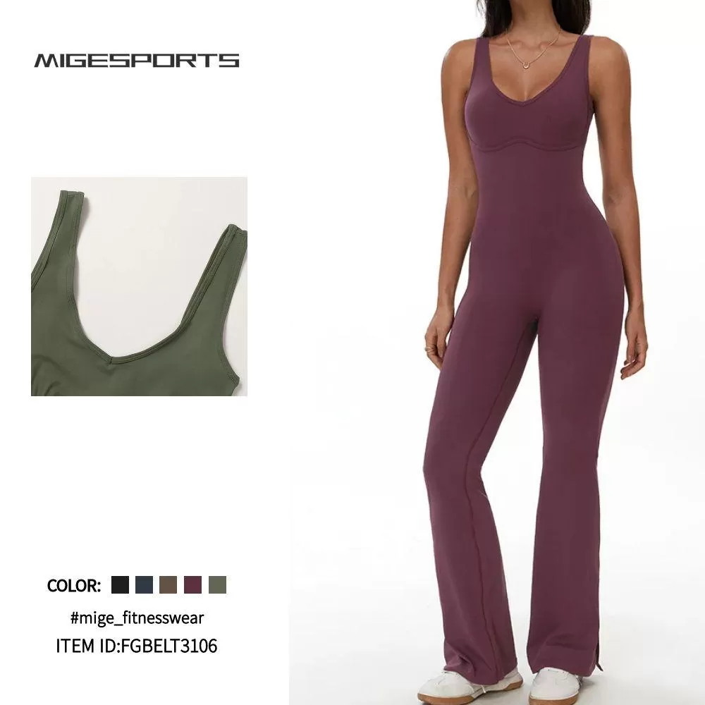 Mono de yoga acampanado con escote en V y espalda descubierta para mujer, de una pieza, FGBELT3106