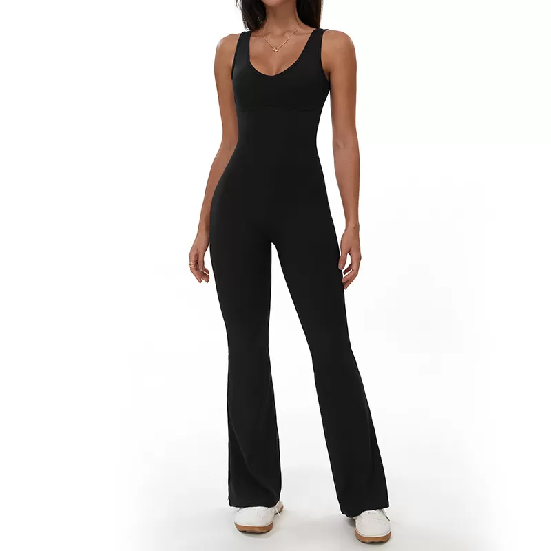 Mono de yoga acampanado con escote en V y espalda descubierta para mujer, de una pieza, FGBELT3106