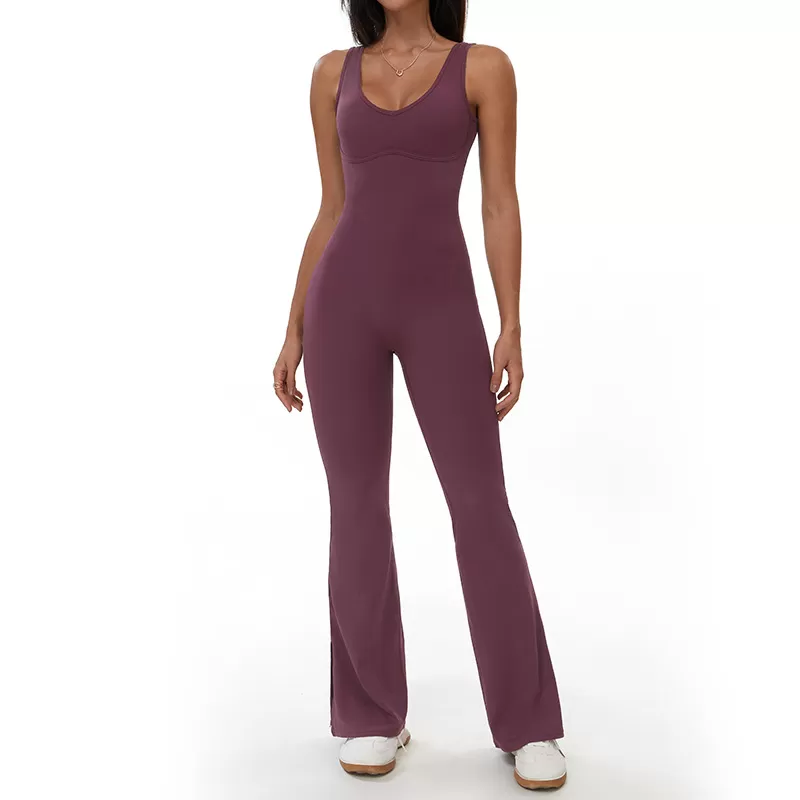 Mono de yoga acampanado con escote en V y espalda descubierta para mujer, de una pieza, FGBELT3106