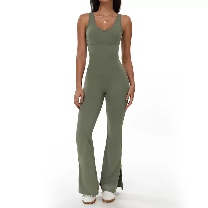 Mono de yoga acampanado con escote en V y espalda descubierta para mujer, de una pieza, FGBELT3106