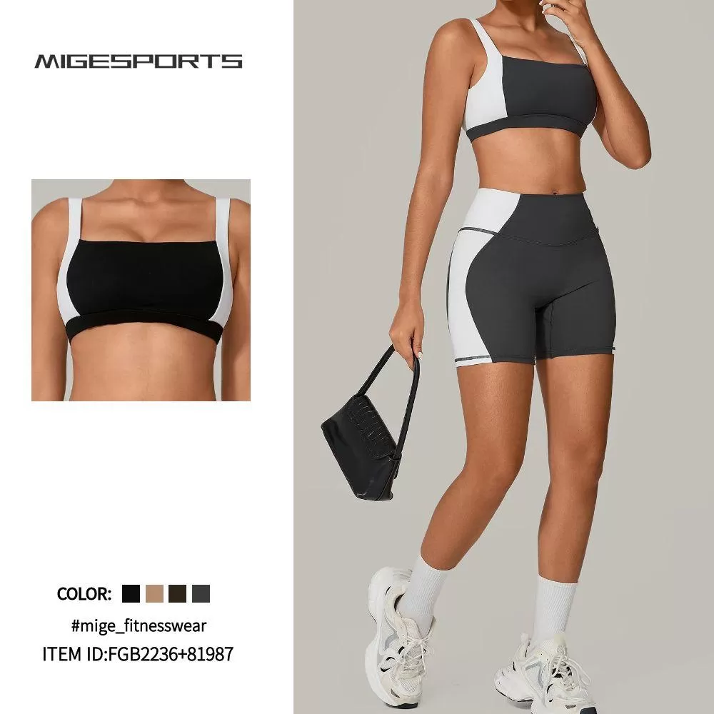 Conjunto de 2 piezas de sujetador y pantalones cortos deportivos transpirables de secado rápido para mujer, para gimnasio, fitness y yoga, FGB2236+81987
