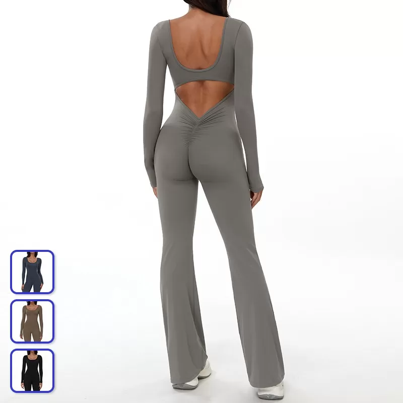 Mono deportivo de manga larga con leggings acampanados y espalda descubierta para mujer FGBELT3104