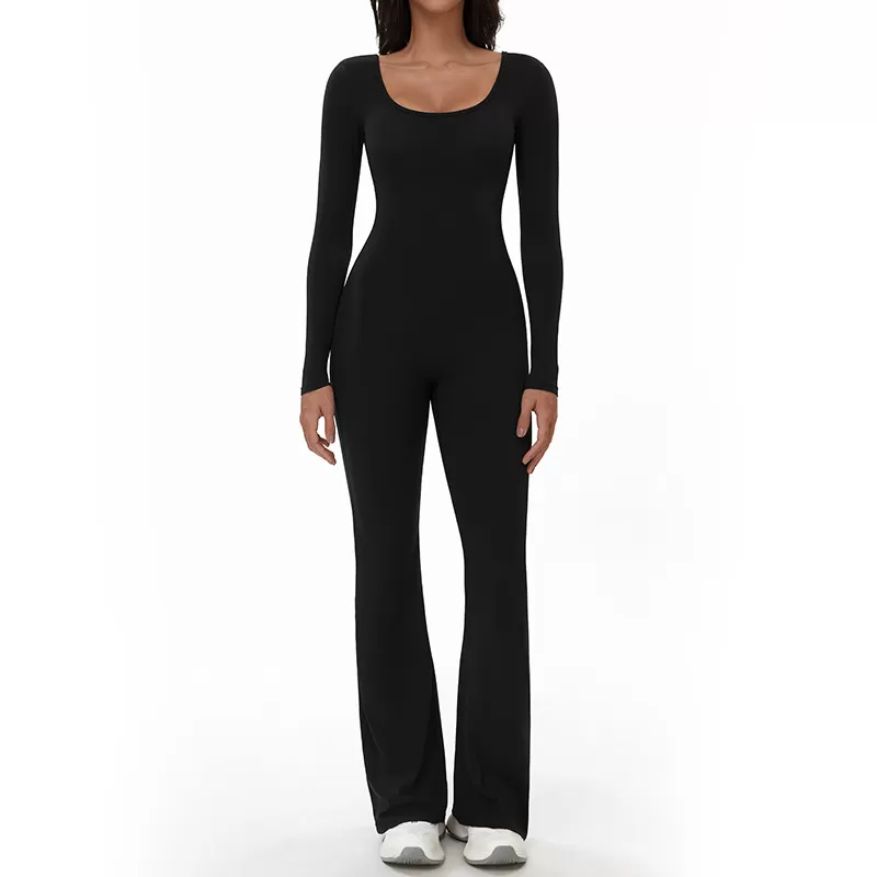 Mono deportivo de manga larga con leggings acampanados y espalda descubierta para mujer FGBELT3104
