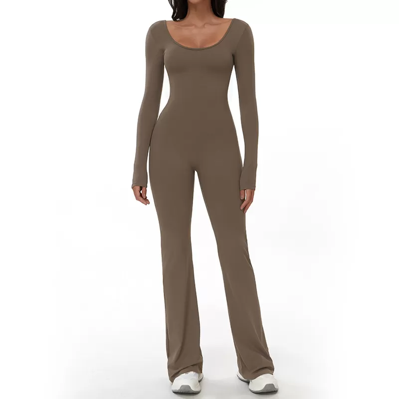 Mono deportivo de manga larga con leggings acampanados y espalda descubierta para mujer FGBELT3104