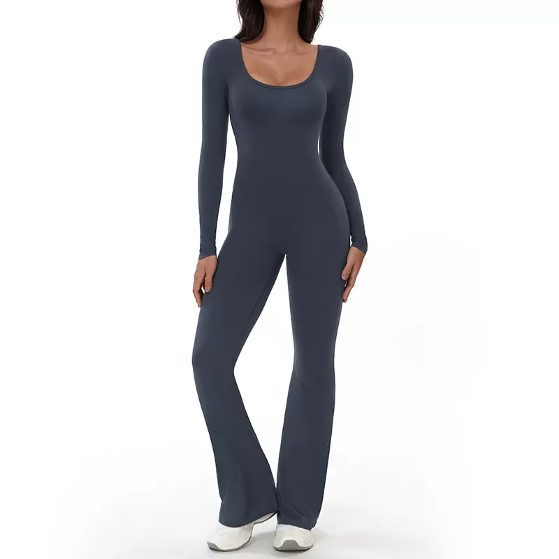 Mono deportivo de manga larga con leggings acampanados y espalda descubierta para mujer FGBELT3104