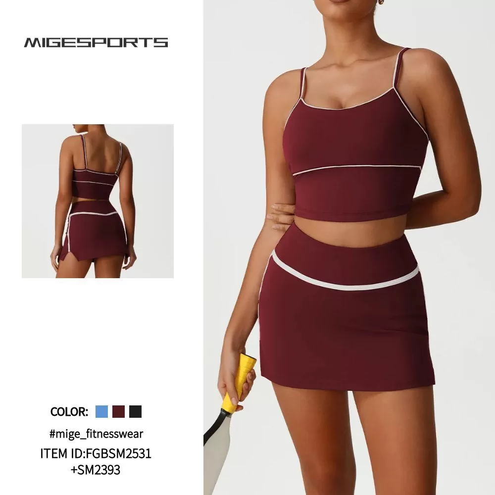 Conjunto de 3 piezas de sujetador de yoga y falda de manga larga 2 en 1 para mujer, falda de tenis y golf, FGBSM2531+SM2393