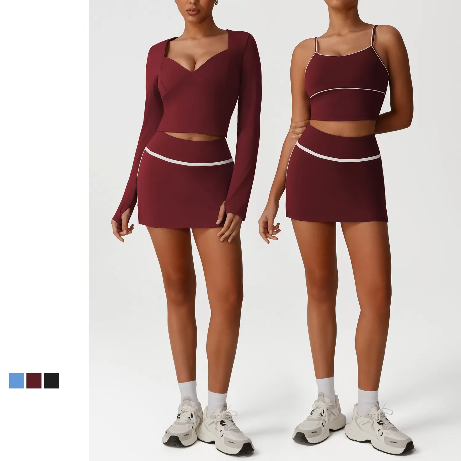 Conjunto de 3 piezas de sujetador de yoga y falda de manga larga 2 en 1 para mujer, falda de tenis y golf, FGBSM2531+SM2393