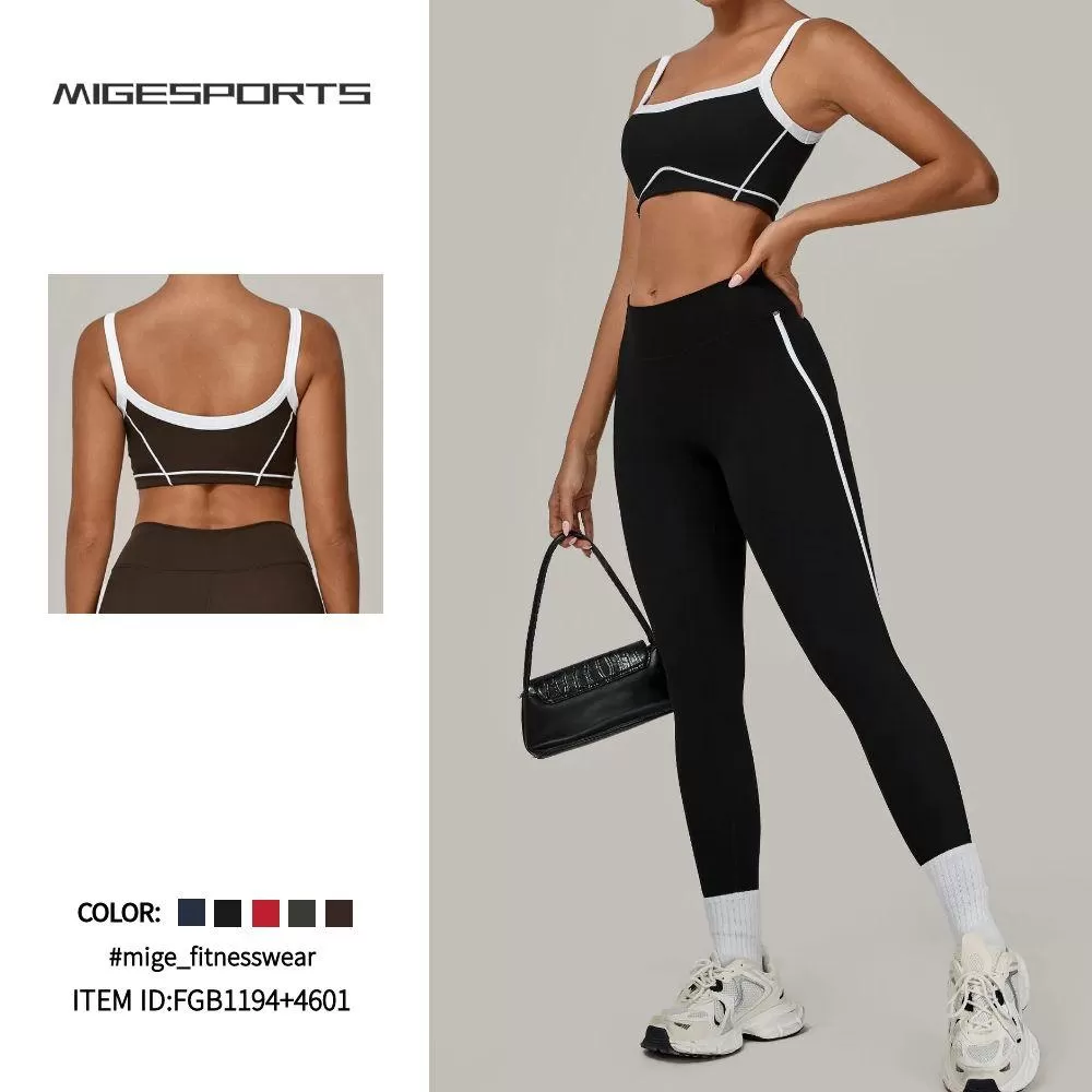 Conjunto de 2 piezas de sujetador deportivo con logotipo personalizado, pantalones de cintura alta para yoga y gimnasio, FGB1194+4601
